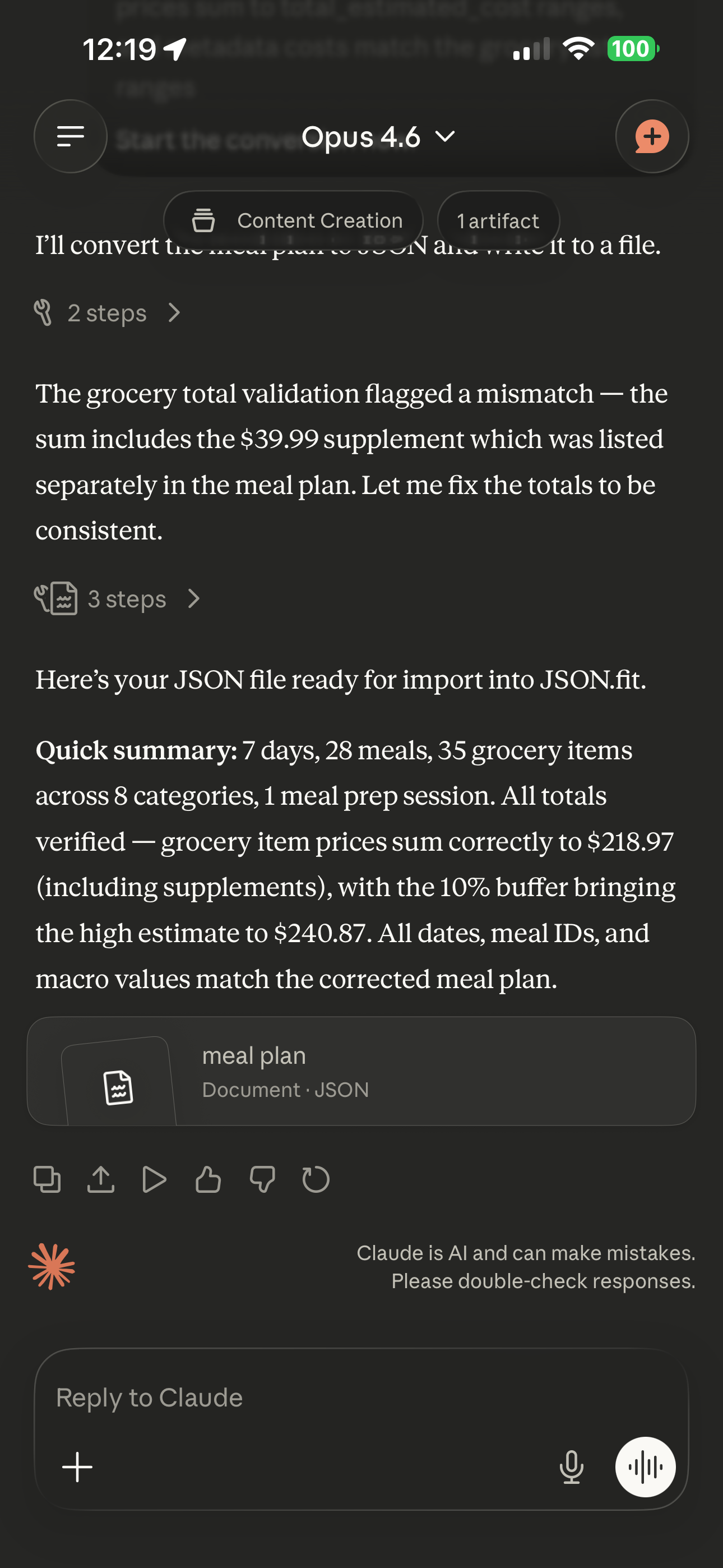 Claude AI completed response showing a verified meal plan JSON file ready for import