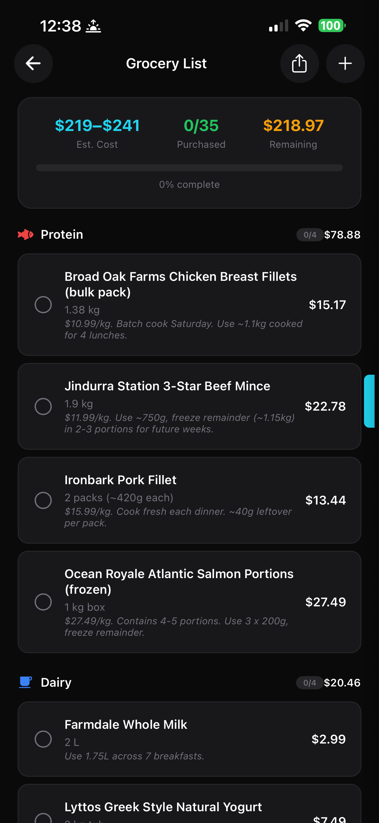 Grocery list showing specific products with prices, quantities, and usage notes