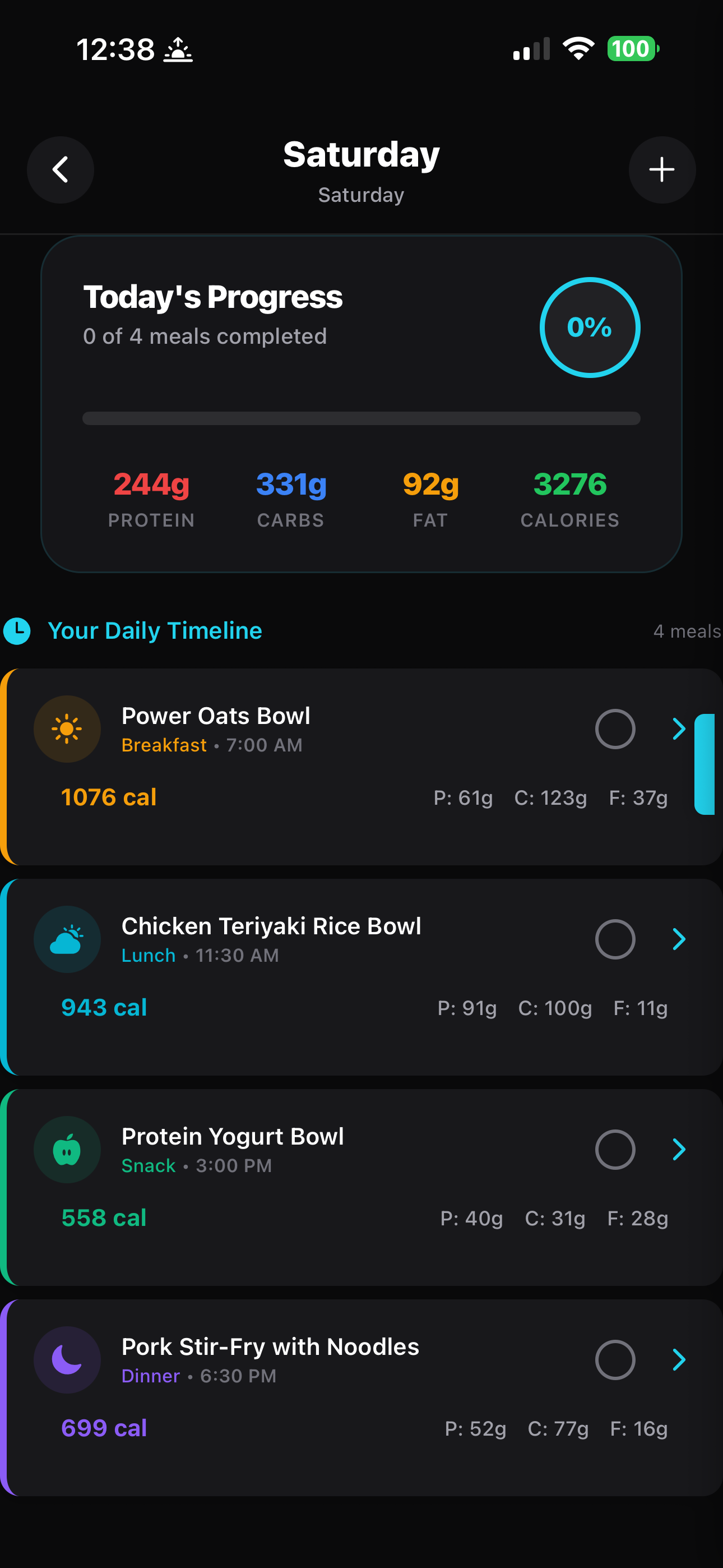 Daily meal timeline showing Power Oats Bowl, Chicken Teriyaki Rice Bowl, Protein Yogurt Bowl, and Pork Stir-Fry with per-meal macros