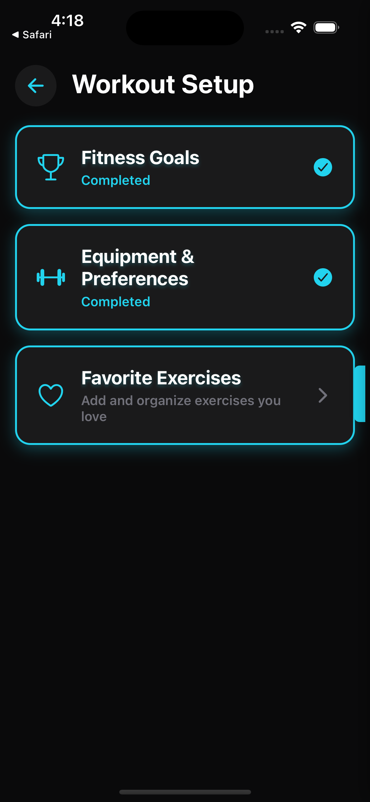 Workout Setup screen with Fitness Goals, Equipment and Preferences, and Favorite Exercises