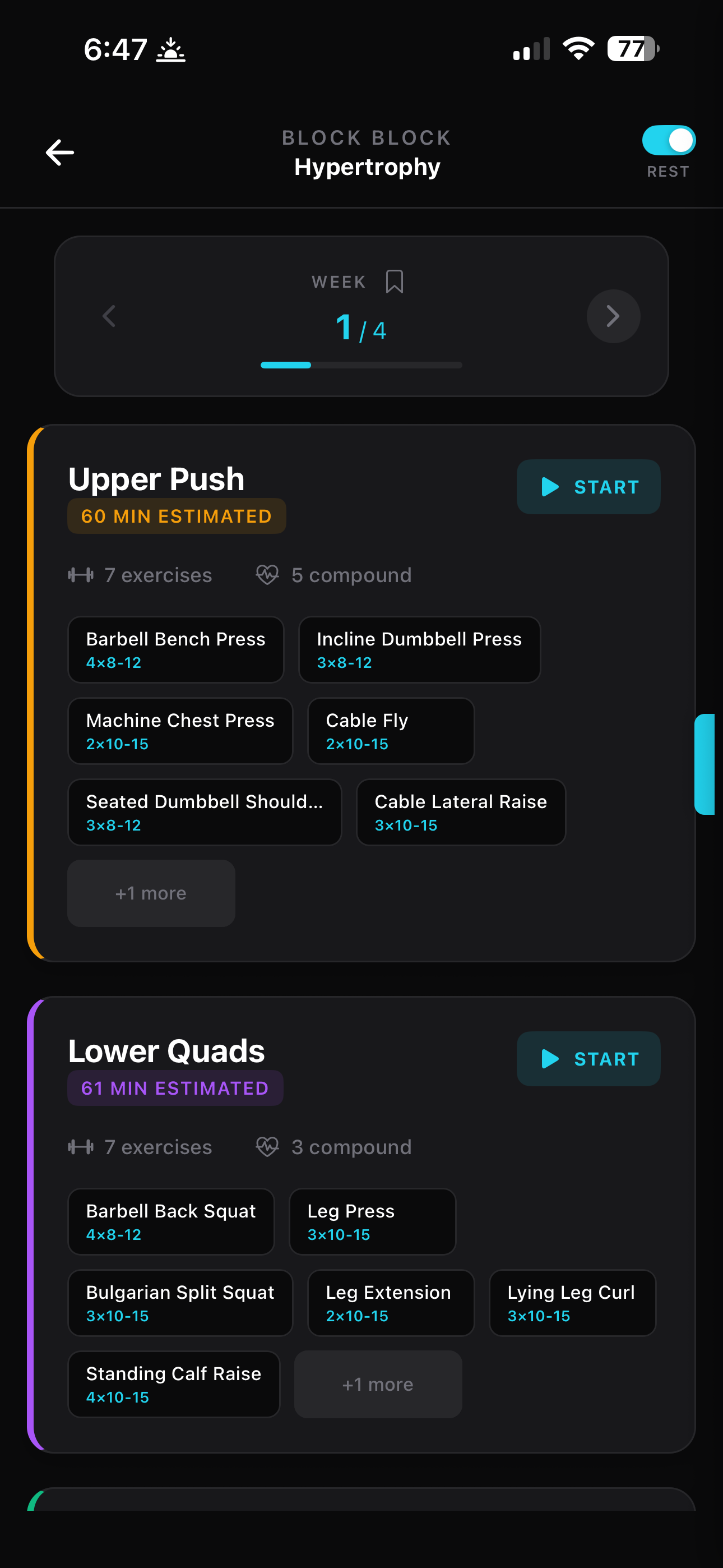Week view showing Upper Push and Lower Quads days with exercises and sets and reps listed