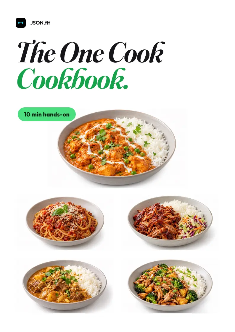 The One Cook Cookbook cover: butter chicken, bolognese, pulled pork, massaman and teriyaki chicken