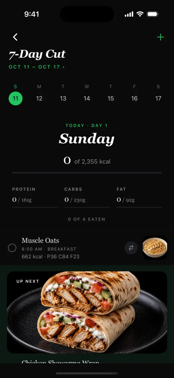 A day of meals in Coast with each meal's time, calories and protein