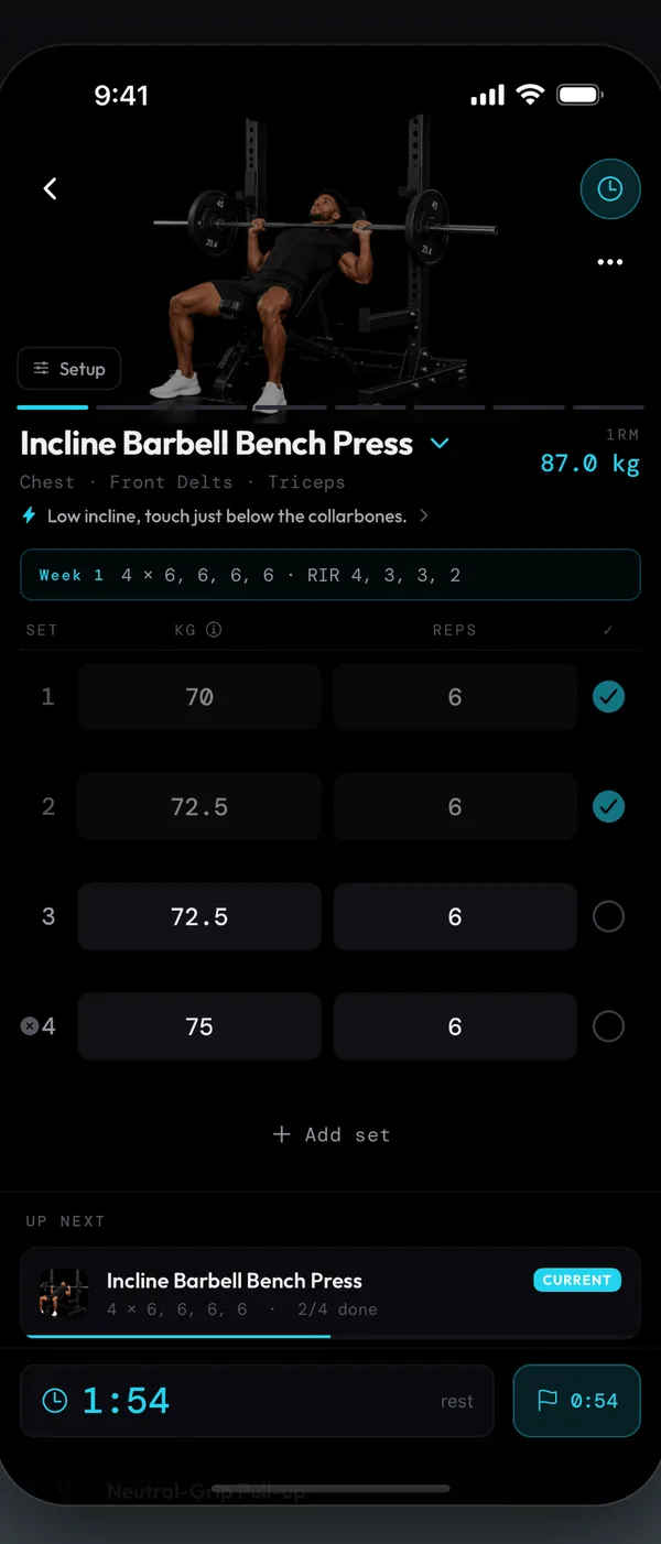 A Coast workout in progress with target reps, reps in reserve and a rest timer